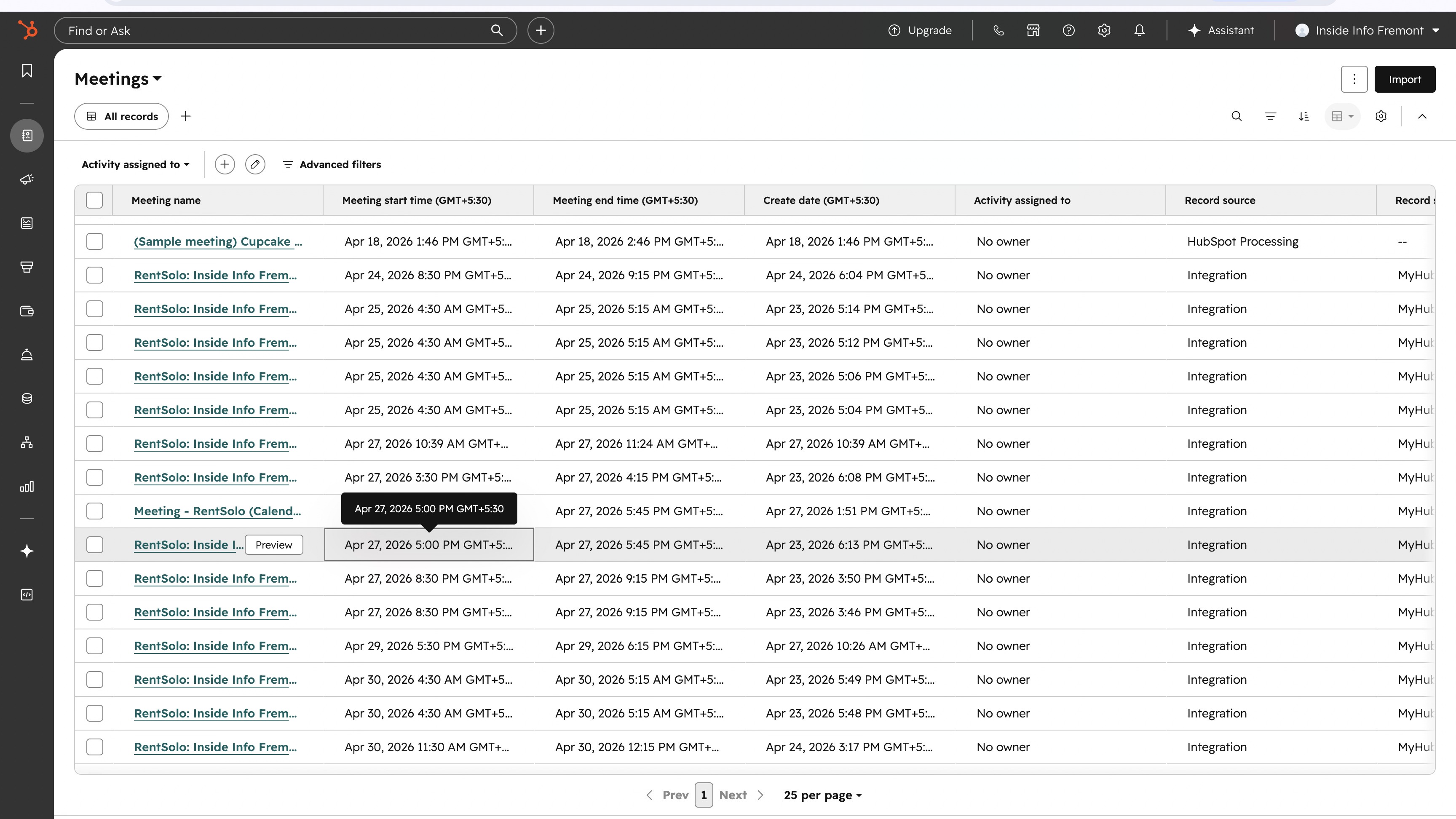 Tour status update reflected in HubSpot activity