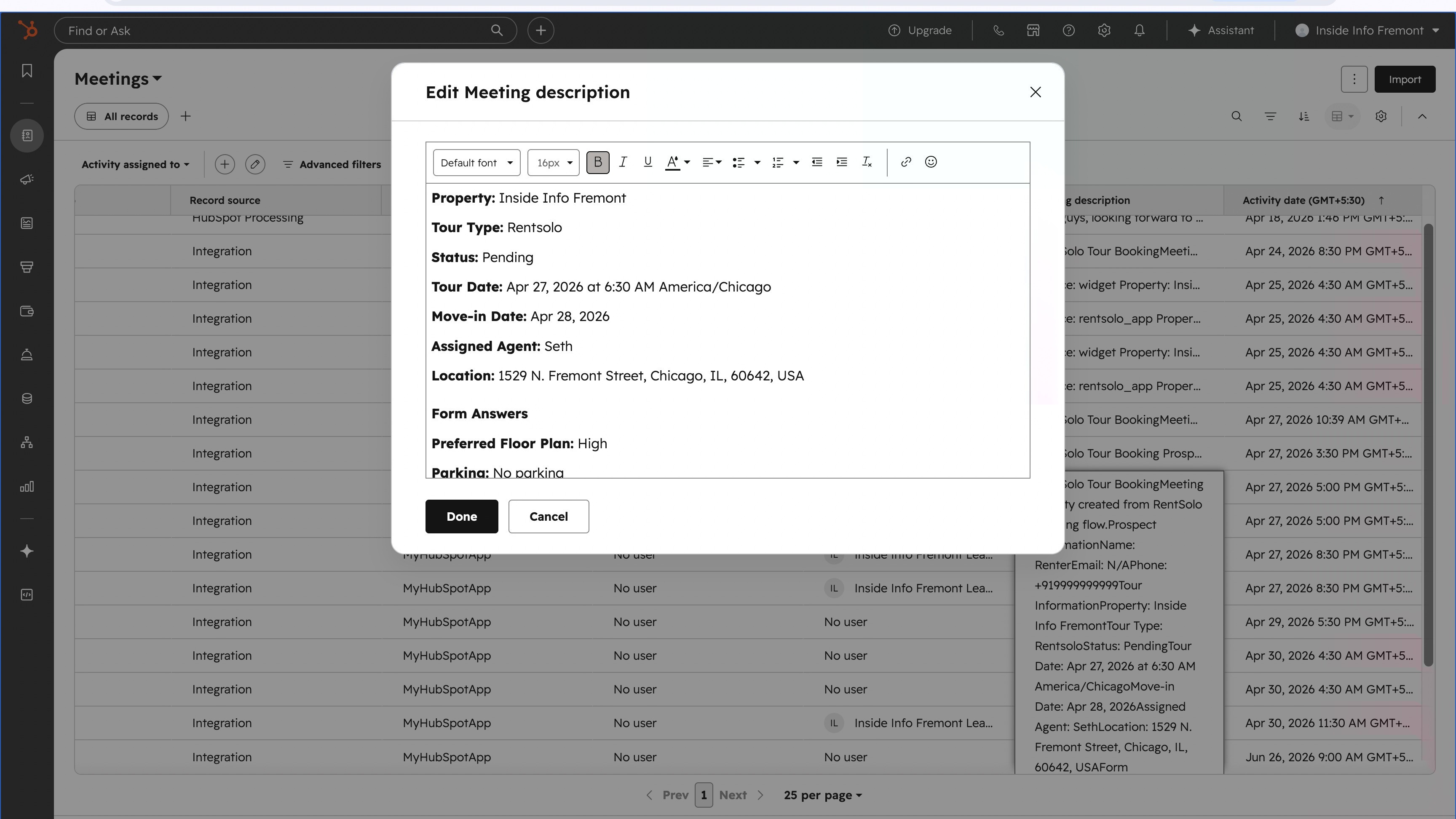 Tour details and form answers synced to HubSpot